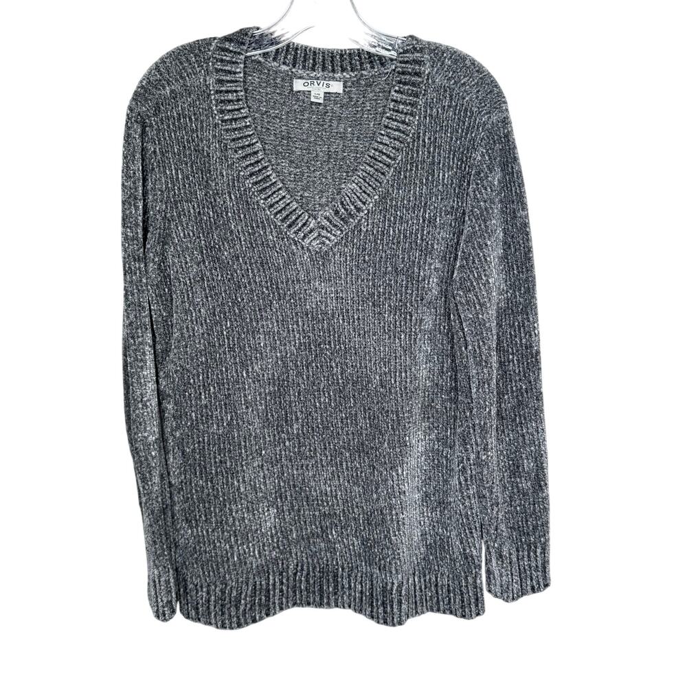Orvis Chenille V-Neck Sweater Women’s Large Gray Soft Cozy Pullover‎ Classic Fit